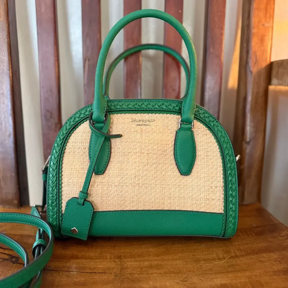 Kate Spade Reiley Raffia Straw & Green Leather Dome Satchel Crossbody